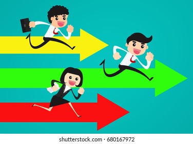 Business competition.Three business persons racing on the arrows.business vector concept.