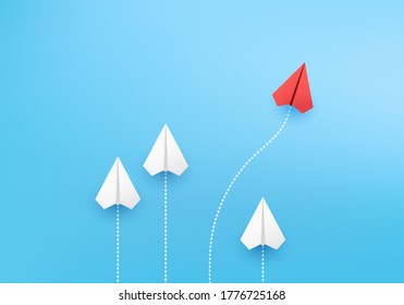 Business competitor advantage of paper plane in new direction, 
competitor individual pointing in different ways for new competitive solution on 3D render vector. leadership for new ideas competition.