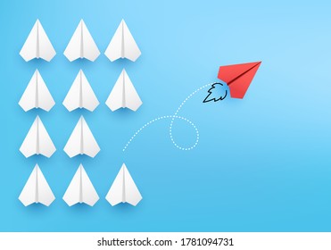 Business competitor advantage of paper plane in new direction, competitor individual pointing in different ways for new competitive solution on 3D render vector. leadership for new ideas competition.