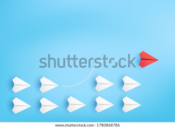 Business competitor advantage of paper plane\
in new competitive, \
competitor individual pointing in different\
ways for new competitive advantage on 3D render vector. advantage\
for new idea\
competition