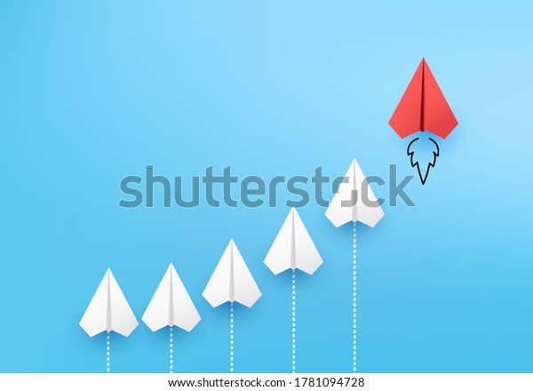Business competitor advantage of paper plane\
in new direction, \
competitor individual pointing in different\
ways for new competitive solution on 3D render vector. leadership\
for new ideas\
competition.