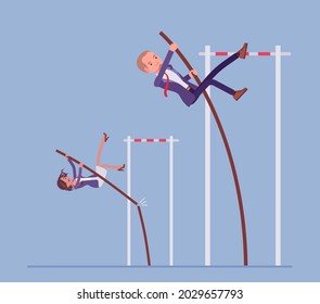 Business Competitors Attempt To Vault Over High Bar With Pole. Office Managers, Strong Record Breakers Try To Overcome Difficulties And Obstacles, Solve Problems In Big Jump. Vector Illustration