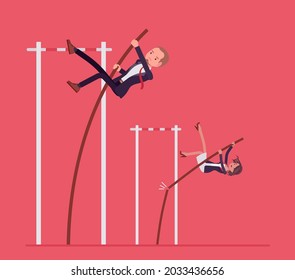 Business Competitors Attempt To Vault Over High Bar With Pole. Office Managers, Strong Record Breakers Try To Overcome Difficulties And Obstacles, Solve Problems In Big Jump. Vector Illustration