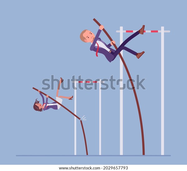 Business competitors attempt to vault over\
high bar with pole. Office managers, strong record breakers try to\
overcome difficulties and obstacles, solve problems in big jump.\
Vector illustration