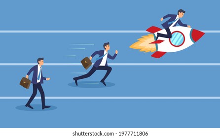 Business competitors and challenge concept. Businessman walking, running and flying to finish goal in flat design.