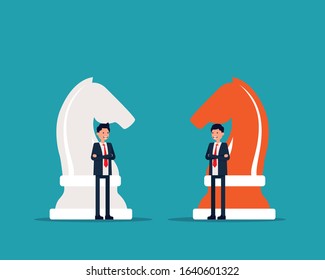 Business competitors playing chess striving for success. Business strategy and game. Vector illustration in cartoon style design