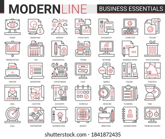 Business Complex Concept Thin Red Black Line Icon Vector Set. Business Essential Website Outline Pictogram Symbols Collection With Office Objects, Equipment Documents For Financial Development