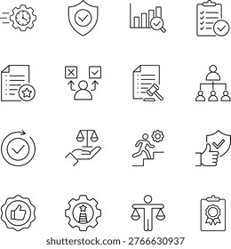 Business compliance quality management vector icon set, shield, checklist, scales, chart, document, gavel, gear, thumbs up