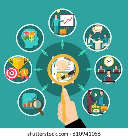 Business composition with human hand holding magnifying lens and round images of teamwork and collaboration ideas vector illustration