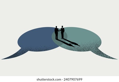 Business compromise, sharing ideas, deal or agreement concept, businessmen handshaking on connected thought bubbles, vector illustration.