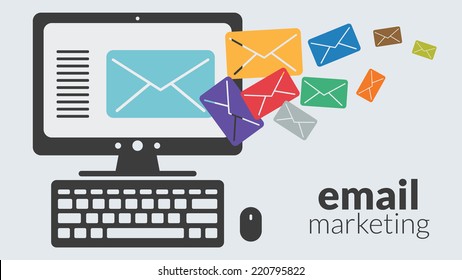 Business Computer With Email Marketing. Vector Concept For Online Advertising