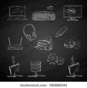 Business computer icons set of desktop mobile notebook network router and printer hand isolated vector illustration sketch on chalkboard