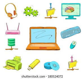 Business computer icons set of mobile notebook data medium and wireless network router hand drawn isolated vector illustration sketch