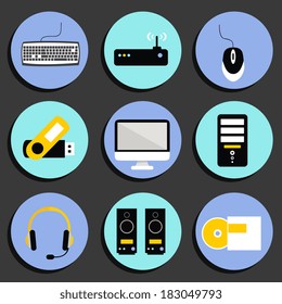 Business computer icons set of workplace desktop with speakers printer and wireless network router isolated vector illustration sketch
