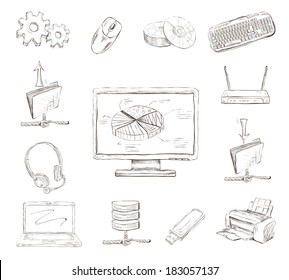 Business computer icons set of workplace desktop printer and wireless network router hand drawn isolated vector illustration sketch