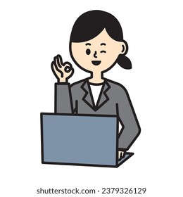 Business Computer Laptop Female Suit OK  Wink Work Illustration