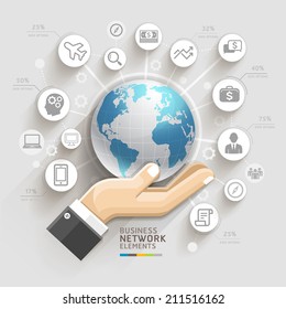 Business Computer Network. Business Hand With Global Template. Can Be Used For Workflow Layout, Banner, Diagram, Web Design, Infographic Template.