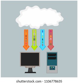 Business computer technology device download information from cloud internet, illustration icon