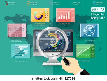 Business computer Technology modern Idea and Concept Vector illustration Infographic template with icon,magnifier,World map,graph.