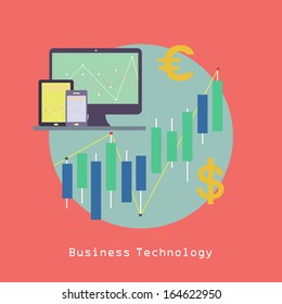 Business Computer Technology with Tablet pc and Smart phone with Financial graphics and currency symbols Communication concept trendy style in vector