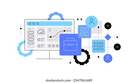 Negócios e computação. Interface do painel de controle. Estatísticas e análises. Ilustração plana. Arquivo vetorial.