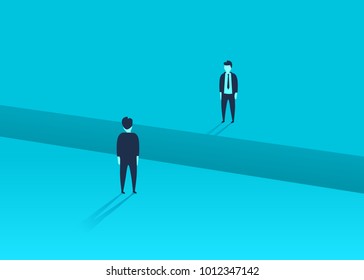 Business comunication or negotiation problems, issues. Two businessmen with gap between them. Vector illustration.