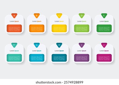business concept with 10 steps, grey rectangle and multicolor label ,design for workflow layout, diagram, annual report, web design. Creative banner, vector