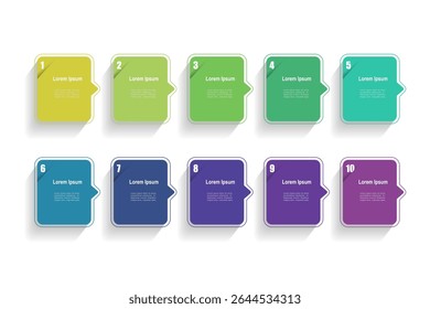 Para o conceito de negócios com infográficos de 10 etapas, forma de retângulo multicolor, design para layout de fluxo de trabalho, diagrama, relatório anual, web design. ilustração vetorial