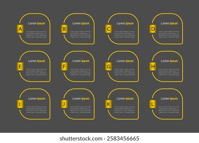 business concept with 12 steps,  gold shape and label ,design for workflow layout, diagram, annual report, web design. vector