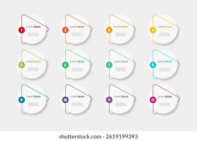 business concept with 12 steps infographics,  circle shape and multicolor label ,design for workflow layout, diagram, annual report, web design. vector