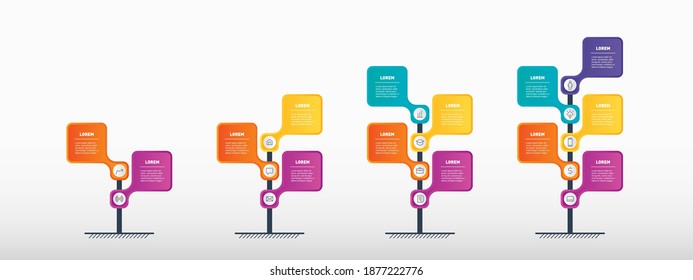 Concepto de negocio con 2, 3, 4 ó 5 opciones, partes, pasos o procesos. Conjunto de líneas de tiempo verticales, infografías. El desarrollo y crecimiento de la empresa. Línea temporal de tendencias o gráfico de tendencias.