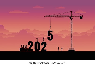 Business concept 2025. Silhouette businessman working as a team. business growth. focus on goals. developer, vision, success, leadership, career. vector illustration flat