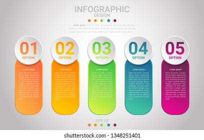 Business concept with 5 options, steps or processes. Modern infographic design template. Five colorful gradient elements, pointers and text boxes.  Vector illustration. Easy edit. EPS10.