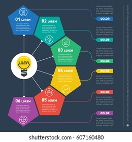 Business concept with 6 options - from idea to final product. Web Template of a circle chart, diagram. Vector infographic of technology or education process. Light bulb with inscription "idea".