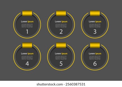 business concept with 6 steps, grey circle with golden label ,design for workflow layout, diagram, annual report, web design. Creative banner, vector