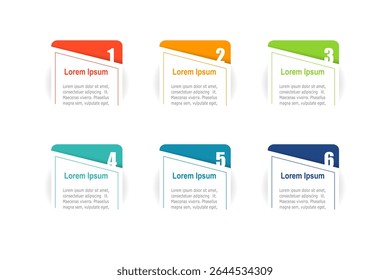 Para o conceito de negócios com infográficos de 6 etapas, forma de retângulo com rótulo multicor, design para layout de fluxo de trabalho, diagrama, relatório anual, web design. ilustração vetorial