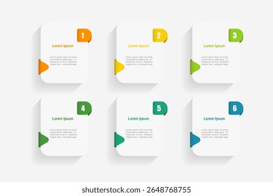 For business concept with 6 steps infographics,  rectangle shape with multicolor label,  design for workflow layout, diagram, annual report, web design. vector 