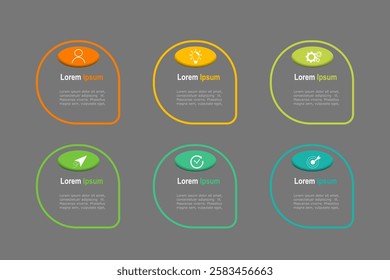 business concept with 6 steps,  multicolor shape and label ,design for workflow layout, diagram, annual report, web design. vector