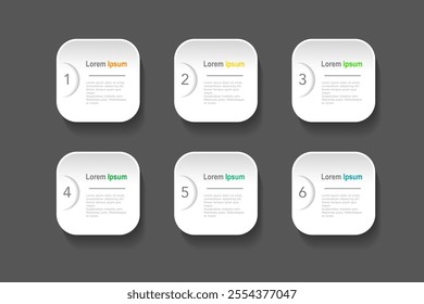 business concept with 6 steps, white rectangle  with colorful label design for workflow layout, diagram, annual report, web design. Creative banner,  vector