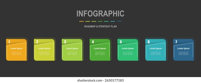Für Geschäftskonzept mit 7-stufiger Infografik, mehrfarbiger Rechteck-Form, Design für Workflow-Layout, Diagramm, Geschäftsbericht, Web-Design. Vektorgrafik