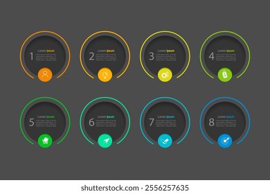 business concept with 8 steps,  grey circle with colorful label design for workflow layout, diagram, annual report, web design. Creative banner,  vector