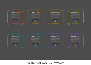 business concept with 8 steps, grey rectangle shape  with colorful label design for workflow layout, diagram, annual report, web design. Creative banner,  vector