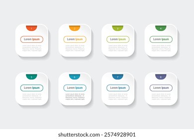 business concept with 8 steps, grey rectangle and multicolor label ,design for workflow layout, diagram, annual report, web design. Creative banner, vector