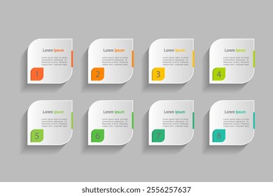 business concept with 8 steps, white rectangle  with colorful label design for workflow layout, diagram, annual report, web design. Creative banner,  vector