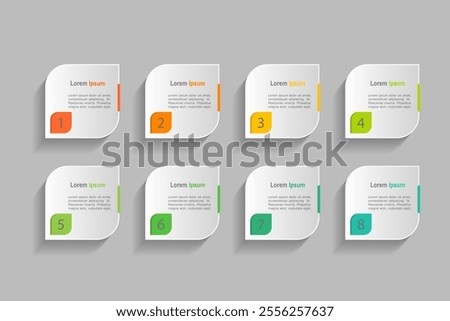 business concept with 8 steps, white rectangle  with colorful label design for workflow layout, diagram, annual report, web design. Creative banner,  vector