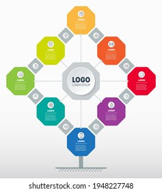 Business concept with 8 variations and 16 icons. Web Template of chart, diagram or presentation. Mind map. Vector Infographic of technology or education process. Part of the report with icons set.