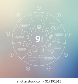Business concept with 9 options, parts, steps or processes. Circle puzzle infographic. Template for cycle diagram, graph, presentation and round chart. Vector blur background.