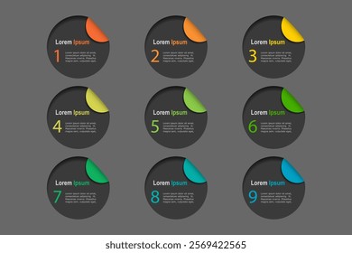 business concept with 9 steps, circle with  colorful  label ,design for workflow layout, diagram, annual report, web design. Creative banner, vector
