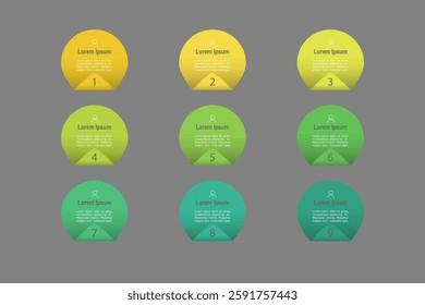 business concept with 9 steps,  circle shape and multicolor label ,design for workflow layout, diagram, annual report, web design. vector