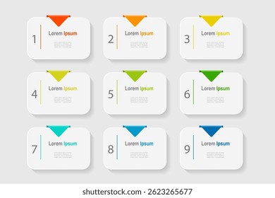 business concept with 9 steps infographics, rectangle shape and multicolor label ,design for workflow layout, diagram, annual report, web design. vector